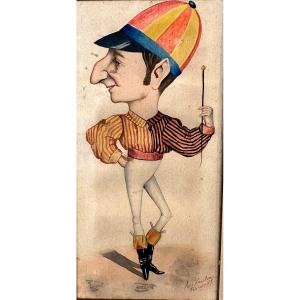 Rare aquarelle XIXe Jockey Dandy signée A.Vaulon ? 1887 Course de chevaux hippisme  