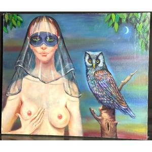 Sergio BRIZIO 1928-1997 Huile Symboliste Jeune femme masquée au hibou Le gardien de la nuit 