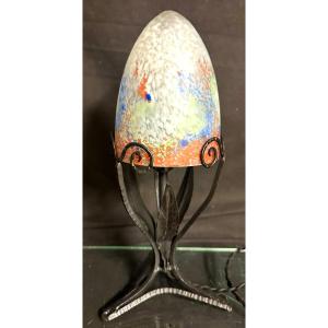 Mulaty In Lyon Signed Art Deco Table Lamp In Wrought Iron And Colored Glass 1920