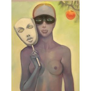 Sergio BRIZIO 1928-1997 Huile Symboliste Jeune femme nue et masquée à la pomme 