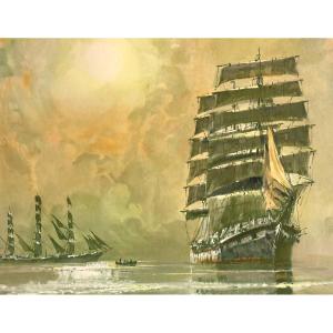 Marin Marie 1901-1987 Lithograph Colors Marine Three Masts Sailing Marin-marie Navigation