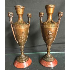 Pair Of 19th Century Bronze Vases On Griotte Marble, Antique Greek Decor Barbedienne Dlg