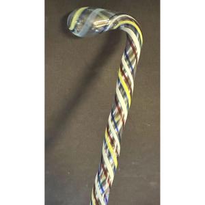 19th Century Conscript Cane In Hollow Glass With Twisted Blue White Red Yellow Decor 103cm