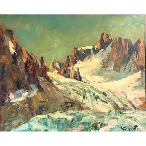 Francis CARIFFA 1890-1975 Le Glacier d’Argentiere Mont Blanc Aiguille du Chardonnet Huile Alpes