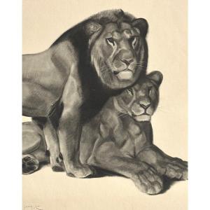 Georges Lucien GUYOT Lion et lionne lithographie Art Deco 