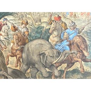 Philippe GALLE 1537-1612 d’après Chasse à l’éléphant Ancienne gravure Joannes STRADANUS chasse