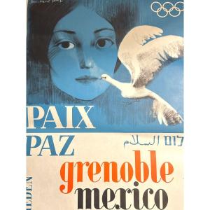 RARE Affiche ARCABAS Jeux Olympiques d’hiver Grenoble 1968 Paix Mexico sport Jean Marie PIROT 