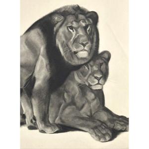 Georges Lucien GUYOT Lion et Lionne lithographie Art Deco