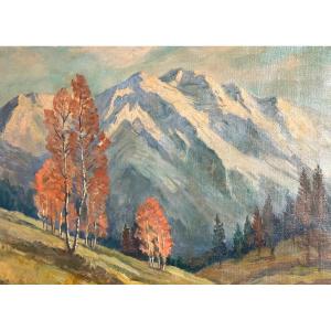 Constantin FONT 1890-1954 Grande huile Massif du Mont Blanc enneigé Alpes Montagne 