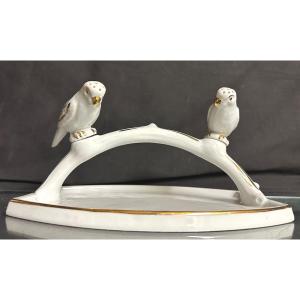 Salt And Pepper Shakers Parakeets Porcelain Art Deco Empty Pocket Tray In Very Good Condition 