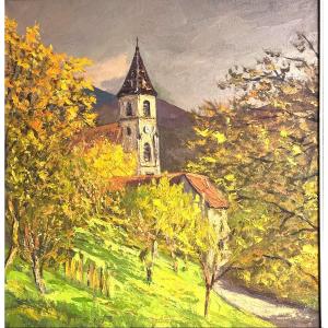 Lucien QUENARD 1902-1995 Huile Eglise en Dauphiné proche de Grenoble montagne Alpes 