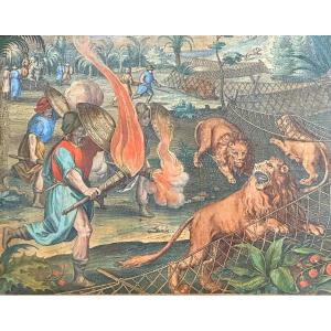 Collaert 1566-1628 After Philippe Galle 1537-1612 Old Engraving Lion Hunt Netherlands