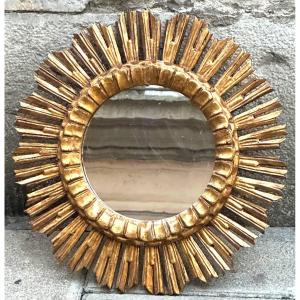 Grand miroir Soleil en bois doré 51,5cm En bon état curiosité 