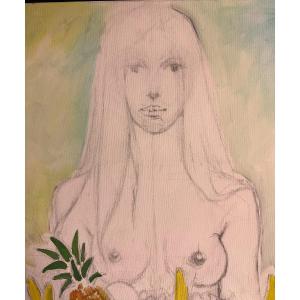 Sergio Brizio 1938-1997 Oil Young Woman With Fruit And Bare Breasts Study 