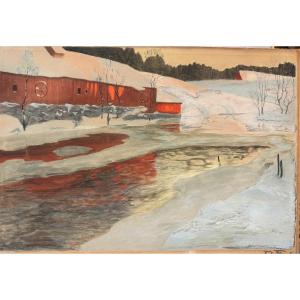 Frits THAULOW 1847-1906 Norvège Grande aquatinte Effet de neige signé Expositions