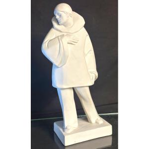 Eugene RIBOULET 1883-1972 Sculpture CLOWN Pagliaccio Canio 1930 Porcelaine Paillasse cirque 