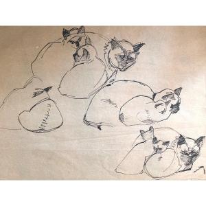 Hélène Vogt 1902-1994 Large Charcoal Painting Cats And Kittens Signed Art Deco Cat Pussy /3