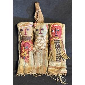 Rare Triple Pre-columbian Doll Chancay Peru In Fabrics And Plant Fibers Fertility Family