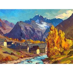 Lucien Quenard 1902-1995 Large Oil The Floors Ecrins Le Veneon St Christophe In Oisans Alpes