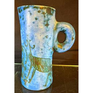 Jacques Blin 1920-1995 Blue Ceramic Pitcher Signed In Very Good Condition 