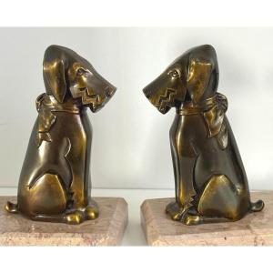 Pair Of Fox Terrier Art Deco Bookends Marble Base Ric Et Rac Dog 1930 Very Good Condition 