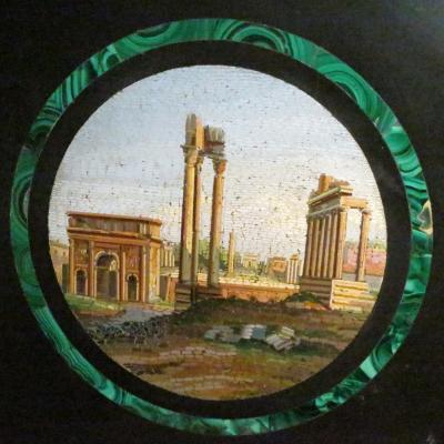 PLATEAU en medaillon MICROMOSAIQUE XIXe Italie plaque Rome micro mosaïque  