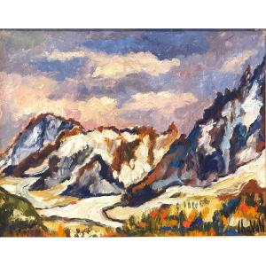 Gilbert CHAVAN 1929-1975 Huile la mer de glace Montenvers Charmoz Grandes Jorasses Alpes Suisse