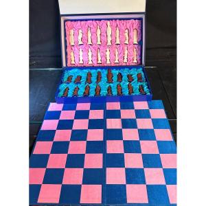 Complete Chess Set With Stained Bone Pieces In Case With Board Circa 1950