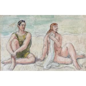 Armand Cacheux 1868-1965 Switzerland Watercolor Bather And Bather Art Deco Signed Museum Geneva 