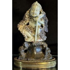 China Ancient Immortal On A Rock Steatite Base Bronze Pearl 20th Century