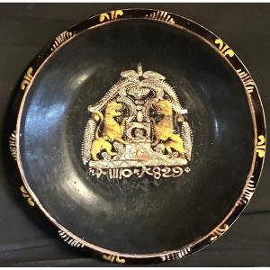 HEIMBERG Suisse Grand plat 1829 Lions affrontés en blason 29cm ceramique vernissée 