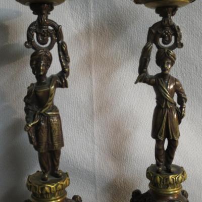 Pair Of Turkish Candlesticks In Bronze With Double Patina XIXth Epoch Restoration Turkish