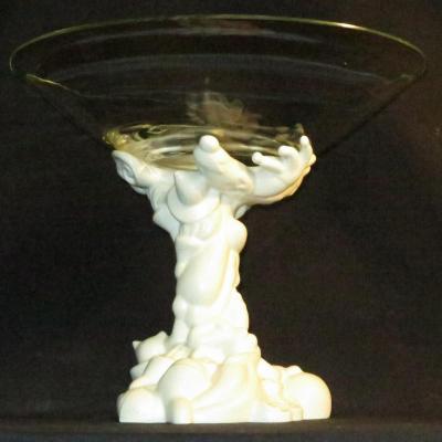 Grande coupe centre de table Jean BOGGIO pour Les Héritiers céramique blanche et verre