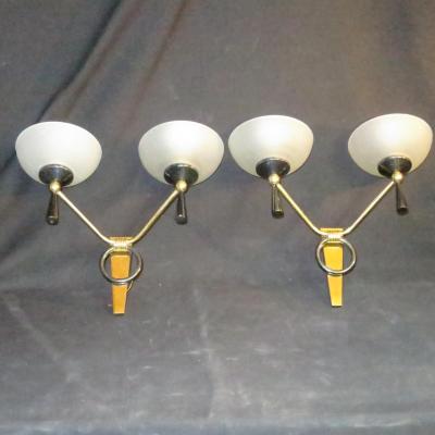 Pair Of Double Wall Sconces Art Deco In Bronze And Brass Applique 1950