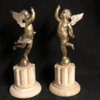 Pair Of Bronze Angels On Marble Columns Louis XVI 32,5 Cm
