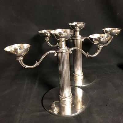 Jean Despres 1889-1980 Important Pair Of Candelabra Silver Metal Signed Després