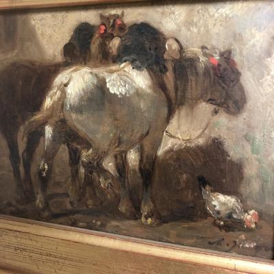 Charles Jacque 1813-1894 Oil On Panel Horses And Hen Signed Nineteenth Horse