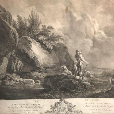 VUE DE CORSE XVIIIe Gravure 1769 D'après le tableau de CAZANOVE au Marquis D'ARCAMBAL Godefroy
