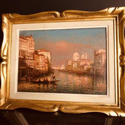 Joachim MIRO XIXe XXe Huile sur panneau VENISE Vue de la Salute depuis le Grand Canal gondole