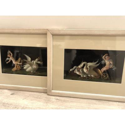 Large Pair Of Gouaches XIX Pompei Signed d'Ambrosio Naples Angel Putti And Gouache Swans