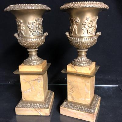 Large Pair Of Cassolettes XIXth Medici Vases Gilt Bronze And Siena Marble Bacchus Wine