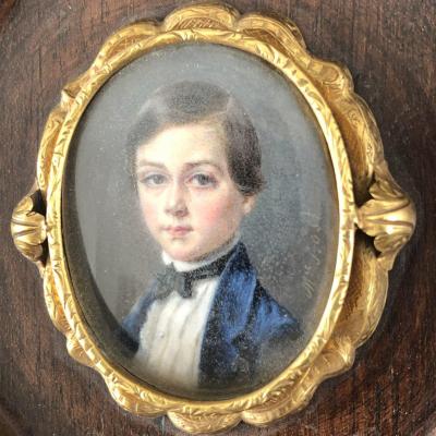Mélanie Bost 1810- Miniature On Mother-of-pearl Set With Gold In A Rosewood Frame Young Boy
