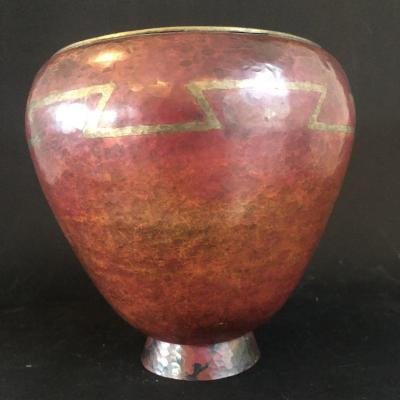 Claudius Linossier 1893-1953 Vase In Brasswork Geometric Decoration Hammered Art Deco / B