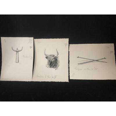 Eugène LELIEPVRE Dessins X3 à l'encre TAUREAU Camarguais et TRIDENT de gardian Arles Camargue /B