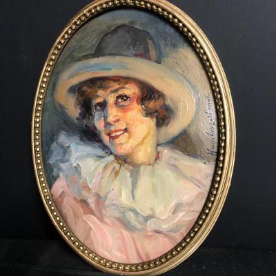 Leonie HUMBERT VIGNOT Lyon 1878-1960 Huile jeune femme au chapeau Art Deco HUMBERT-VIGNOT
