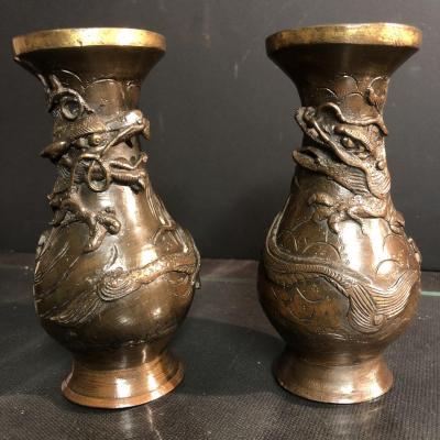 China Pair Of 19th Century Bronze Dragon Vases