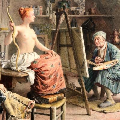 Maurice Leloir 1853-1940 Painter And His Model Watercolor Exhibited In 1922 Galerie G. Petit Paris