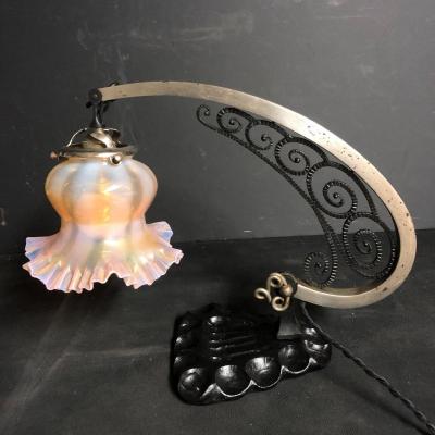 Art Deco 1920 Swivel Lamp In Wrought Iron And Opalescent Glass Tulip