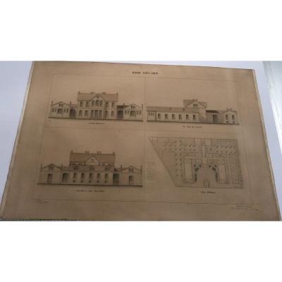 Large Watercolor Drawing 19th Century Architecture Maison Saint Louis  Commentry  Regnaud  1/2