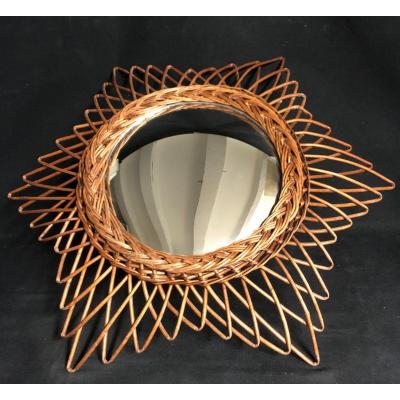 Important Mirror Sorciere Soleil In Rattan 55 Cm Curved Witch 1950